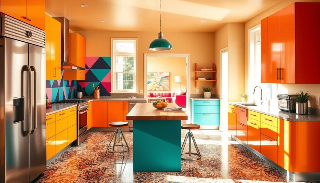 A vibrant Memphis-inspired kitchen radiates with bold colors and striking geometric patterns. Sunlight streams through large windows, casting a warm glow on the sleek, mod cabinets in shades of mustard and tangerine. An abstract backsplash of interlocking triangles in blues and pinks adds a dynamic focal point, while stainless steel appliances and a chrome faucet offer a touch of industrial flair. The central island, with its vibrant teal base and butcher block top, serves as the heart of the space, inviting friends and family to gather 'round for lively conversation and casual meals. Underfoot, a terrazzo-style tile in a kaleidoscope of hues echoes the playful, eclectic aesthetic. Through the open doorway, a glimpse of a vibrant, retro-inspired living area hints at the cohesive, Memphis-chic style that permeates this warm, welcoming kitchen.