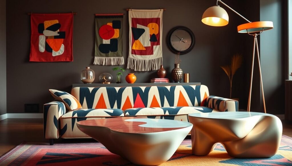 A vibrant, postmodern interior design scene with striking geometric shapes, playful color combinations, and a retro-futuristic aesthetic. In the foreground, a bold Memphis-style sofa with a dynamic pattern of jagged lines and contrasting hues. Midground features a sculptural coffee table with smooth curves and an unexpected material blend. In the background, a wall display showcases eclectic decor pieces, including a Memphis-inspired wall hanging with abstract shapes and a retro-style floor lamp casting a warm, diffused glow. The overall scene conveys a sense of whimsical sophistication, reflecting the creative energy and experimental spirit of the Memphis design movement.