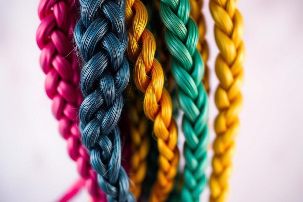 A vibrant, well-lit close-up of several colorful knotless braids, showcasing their intricate textures and sleek styling. The braids should be arranged in a visually appealing composition, with a soft, diffused background that complements the colors. Capture the sheen and shine of the braids, highlighting their versatility and low-maintenance benefits. Use a medium depth of field to keep the focus on the braids while creating a slightly blurred, dreamy atmosphere. Convey a sense of elegance, convenience, and the transformative power of this stylish hair trend.