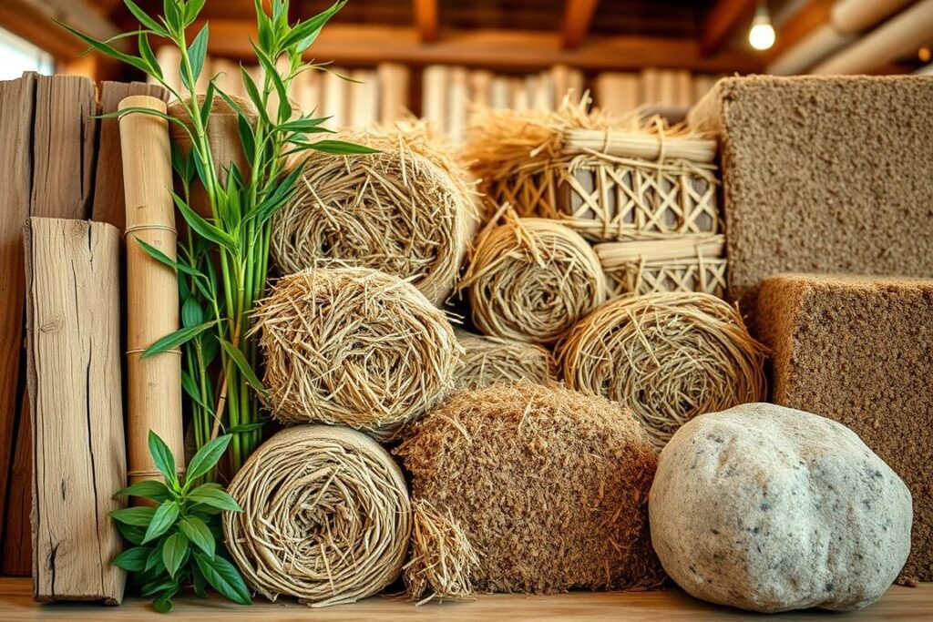 A well-lit, wide-angle photograph of an array of sustainable building materials, including reclaimed wood, bamboo, straw bales, and rammed earth. The materials are arranged in a visually appealing, harmonious composition, showcasing their natural textures and colors. The image has a warm, organic tone, with soft shadows and gentle lighting that emphasizes the materiality and eco-friendly properties of the building products. The background is blurred, keeping the focus on the sustainable materials in the foreground. The overall impression is one of an environmentally conscious, nature-inspired approach to home construction.