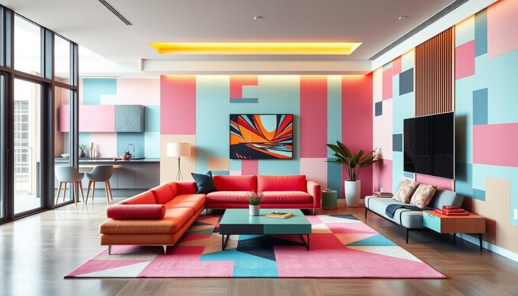 An extravagant modern Memphis-style condo interior with vibrant, geometric patterns and bold color blocking. A sleek, minimalist living room with a low-profile sofa in a punchy hue, accented by a graphic area rug and retro-inspired coffee table. The walls feature a dynamic mosaic-like design in a palette of pastel blues, pinks, and greens. Warm, indirect lighting casts a soft glow, highlighting the unique architectural features and creating an energetic, yet sophisticated atmosphere. The scene is captured from a slightly elevated perspective, showcasing the seamless integration of Memphis design principles within a contemporary urban setting.