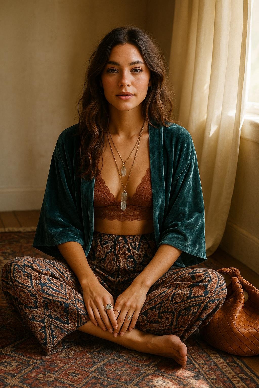 Woman wearing burnout velvet kimono and printed palazzo pants, sitting cross-legged on a patterned rug, surrounded by crystals and journals