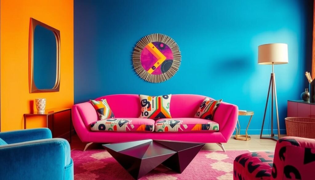 Bold, vibrant colors, geometric shapes, and playful patterns fill the frame of this Memphis-style interior. In the foreground, a vibrant pink sofa with sharp angles and a dynamic graphic print stands out against a backdrop of bright blue walls. Metallic accents, such as a gold-framed mirror on the side wall, complement the retro-futuristic aesthetic. In the middle ground, a sculptural coffee table with an asymmetrical design adds to the bold, eclectic vibe. The lighting is warm and diffused, creating a cozy yet energetic atmosphere. The overall composition captures the spirit of the Memphis design movement - a fusion of postmodernism, pop art, and futurism that celebrates unconventional, whimsical design.