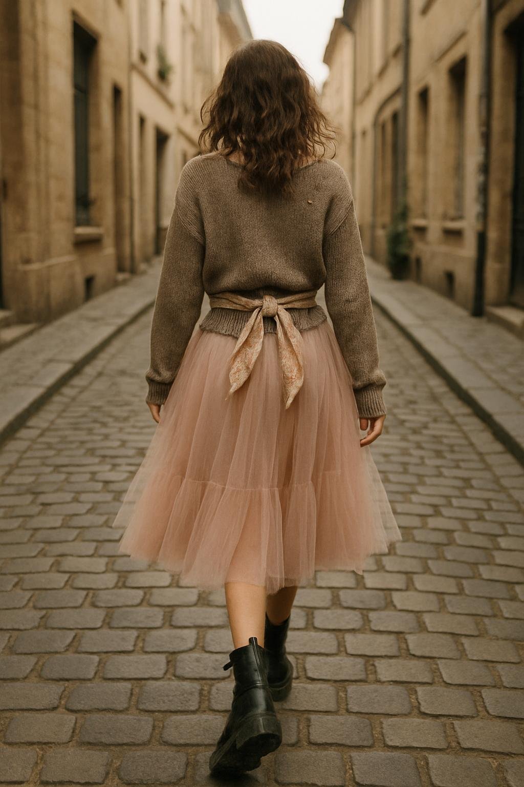 Woman in a flowing tulle skirt and deconstructed sweater walking through a sunlit alley, scarf tied as a belt, rose gold chains glinting