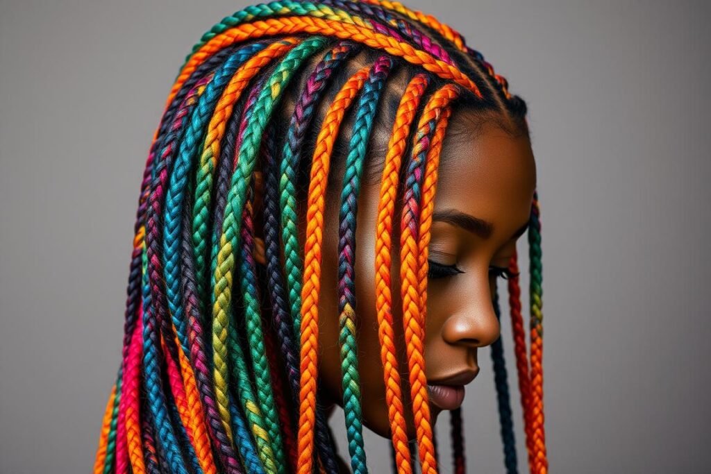 Colorful knotless braids in a vibrant array, cascading down the model's head in a captivating display. Intricate patterns and vibrant hues, from warm oranges and reds to cool blues and greens, create a mesmerizing kaleidoscope. Soft, diffused lighting illuminates the braids, accentuating their dimensional texture and sheen. The model's face is partially obscured, drawing the viewer's attention to the vibrant hairstyle. The background is a simple, neutral tone, allowing the braids to be the focal point. The overall composition is balanced and elegant, showcasing the beauty and versatility of knotless braids.