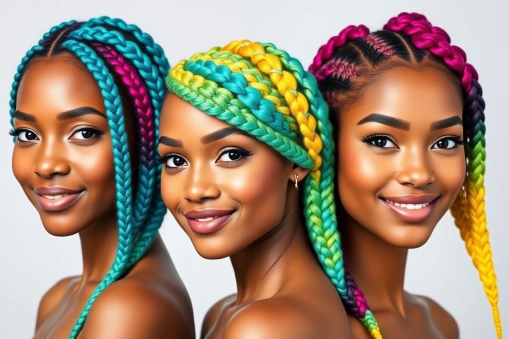 Colorful knotless braids styled on women with diverse face shapes - oval, round, square, and heart-shaped. The braids feature vibrant hues like turquoise, magenta, and sunshine yellow, elegantly framing the models' features. Soft, diffused studio lighting accentuates the texture and sheen of the intricate hairstyles. The images are captured at a medium distance, allowing the viewers to appreciate both the beauty of the braids and the models' radiant expressions. The overall mood is one of celebration, showcasing the versatility and style of this captivating hair trend.