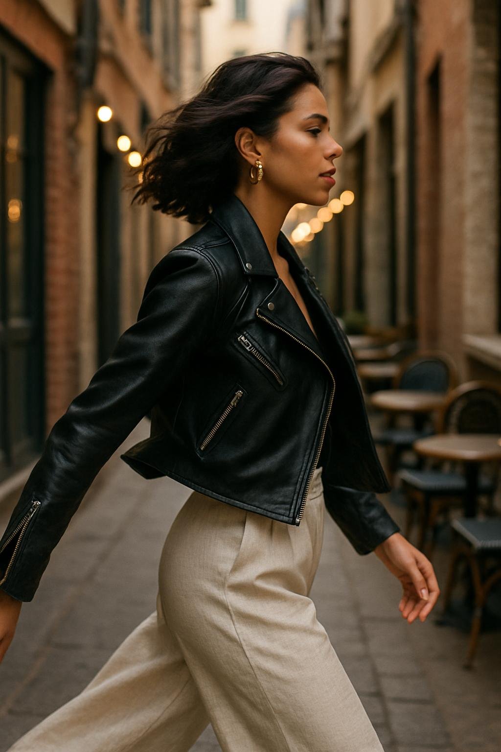 Woman in cropped moto jacket and linen pants standing on a city rooftop, soft blouse billowing, skyline behind her