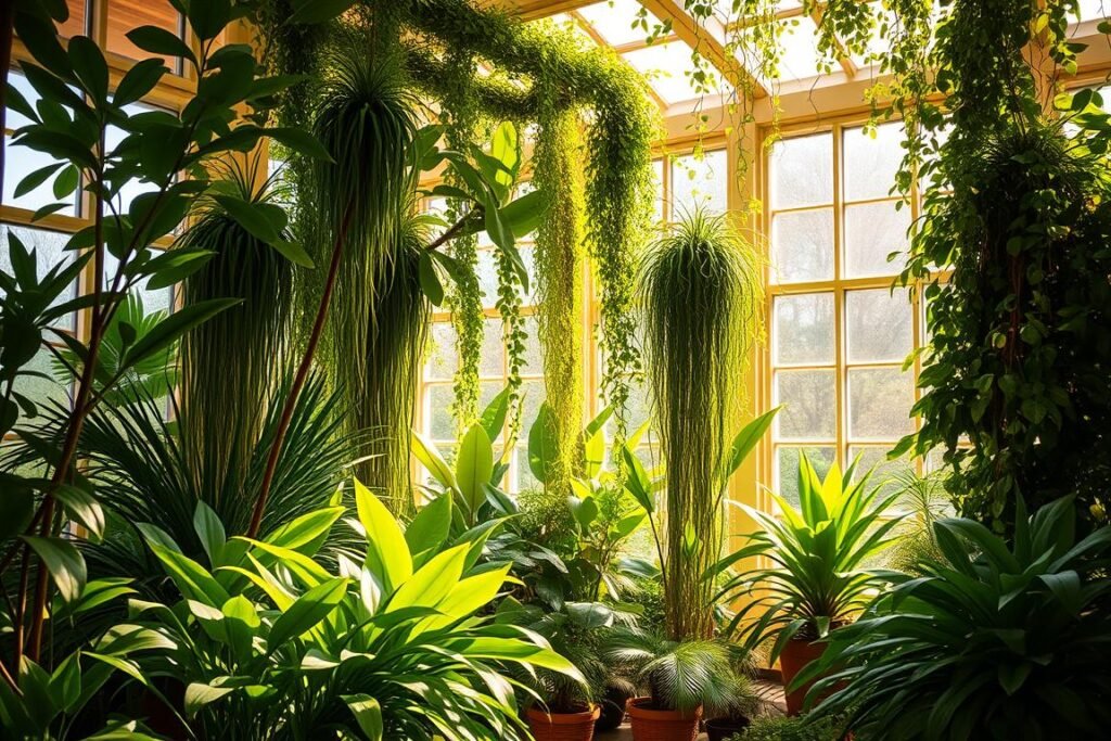 Prompt A lush, sun-dappled indoor oasis, brimming with verdant foliage and warm natural light. Towering philodendrons, leafy ferns, and cascading vines adorn the space, their verdant hues creating a serene, biophilic atmosphere. Soft, diffused illumination filters through large windows, casting gentle shadows and highlights upon the thriving plants. The composition features a balanced arrangement of foreground, midground, and background elements, drawing the eye through the tranquil, nature-inspired scene. The overall mood is one of calm, restorative respite, capturing the essence of bringing the outdoors in for a truly sustainable, organic dream home design.