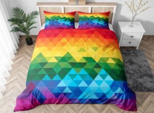 Pink and orange checkerboard rug for Memphis style bedroom decor