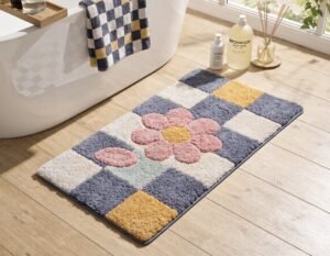 Colorful checkerboard bath mat for Memphis style bathroom decor