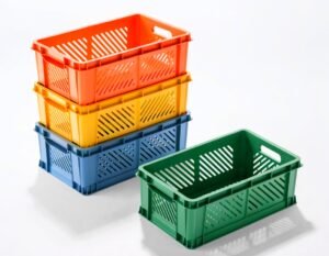 Colorful bathroom storage baskets for a playful Memphis style space