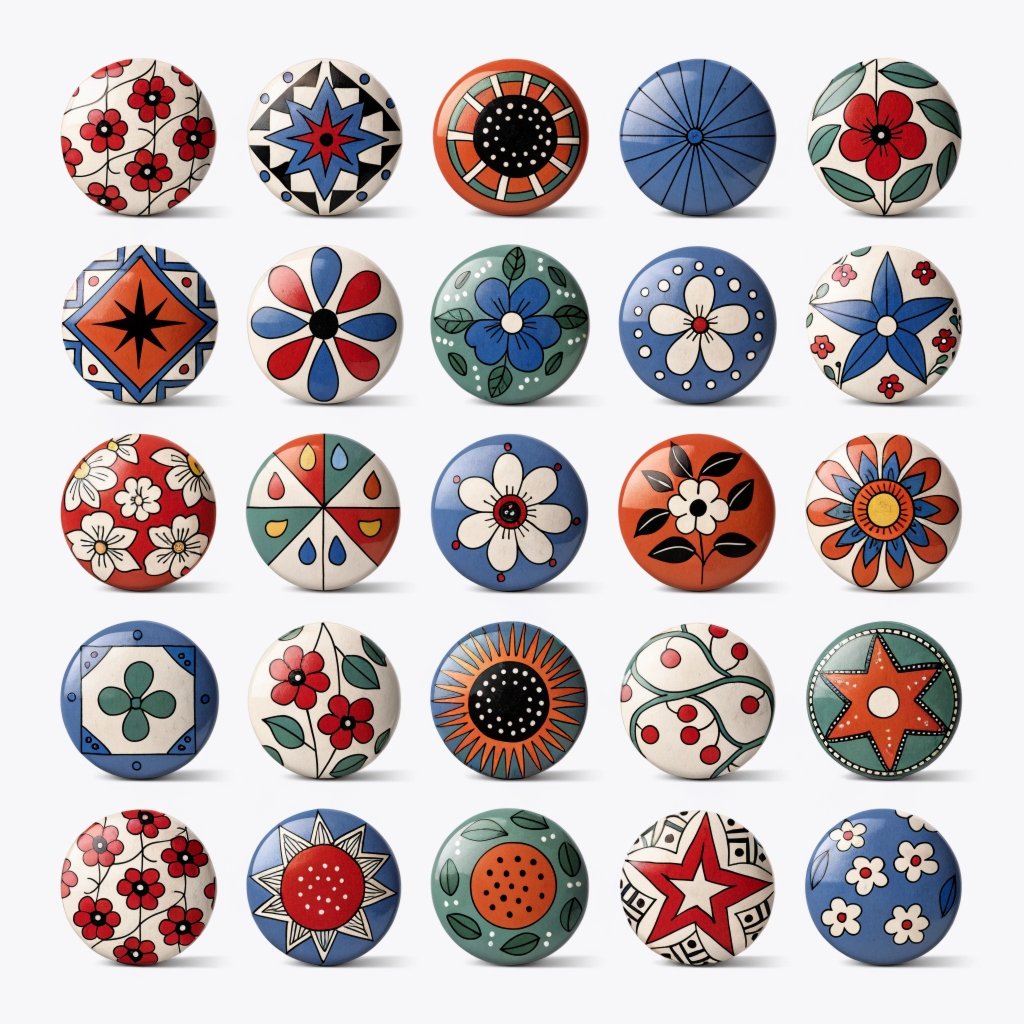 Colorful geometric cabinet knobs for Memphis style bathroom decor