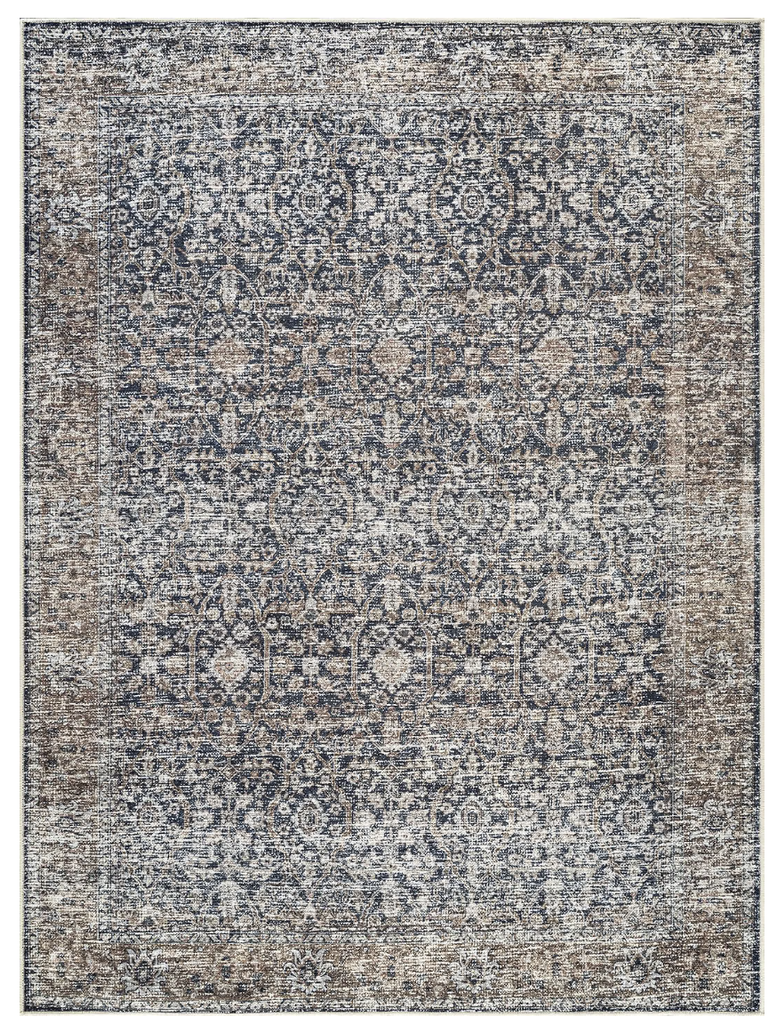 Bloom Rugs Caria patterned rug in blue and tan for a bold layered living room palette