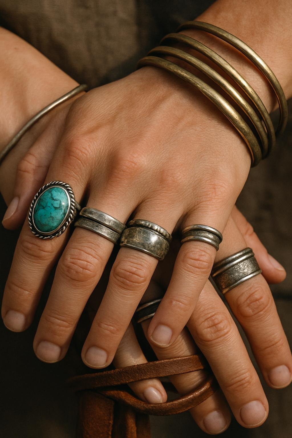 Close-up of hands stacked with silver rings, brass bangles, and turquoise jewelry on a rustic wood table