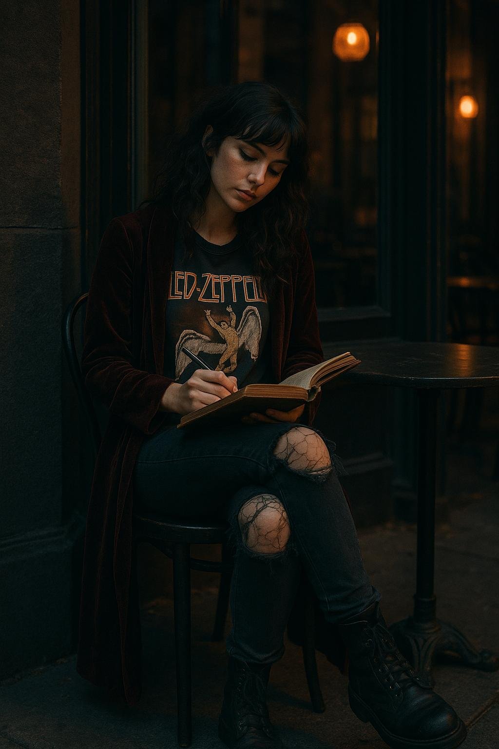 Woman in velvet duster and vintage tee with lace tights and boots sitting by a rainy café window, sketching in a notebook