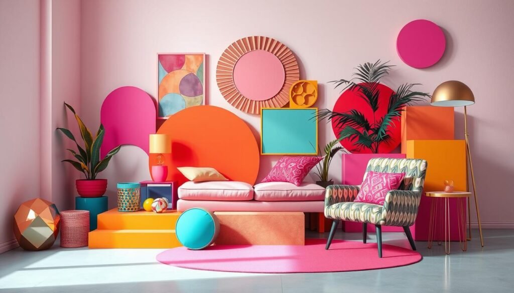 Vibrant and colorful Memphis design elements layered in a modern, minimalist composition. Geometric shapes, bold patterns, and dynamic asymmetry fill the frame, capturing the playful and eclectic spirit of the Memphis style. A mix of pastel hues, neon accents, and metallic accents create a visually striking and eye-catching scene. The lighting is soft and diffused, casting gentle shadows that accentuate the textures and dimensions of the shapes. The camera angle is slightly elevated, providing a fresh and dynamic perspective on the design components. The overall mood is energetic, whimsical, and budget-friendly, aligning with the theme of "Memphis-Style Home Design Ideas".