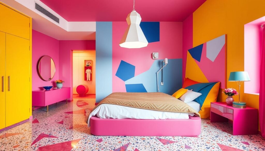 a bedroom interior design in the memphis style, featuring bold geometric patterns, vibrant colors, and a playful, postmodern aesthetic. the room has a king-sized bed with a colorful, angular headboard. the walls are adorned with abstract, Memphis-inspired murals in shades of pink, blue, and yellow. the floor is covered in a terrazzo-style tile with a dynamic, kaleidoscopic pattern. the room is bathed in warm, diffused lighting from a large, sculptural pendant lamp hanging above the bed. the overall atmosphere is energetic, youthful, and visually striking.