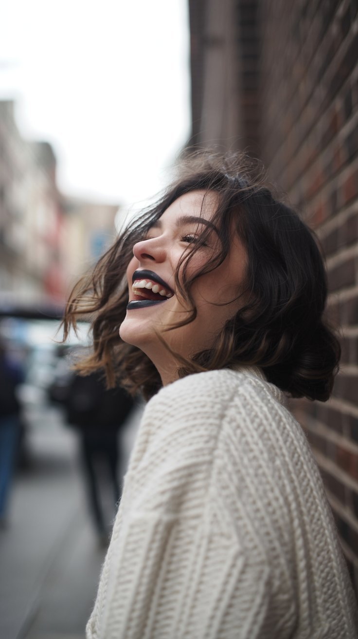 Woman laughing with tousled dark waves and near-black lipstick in a candid outdoor shot.