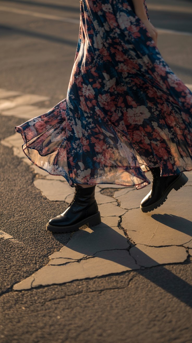 Close-up of a flowing sheer floral dress and combat boots on pavement in warm moody light.