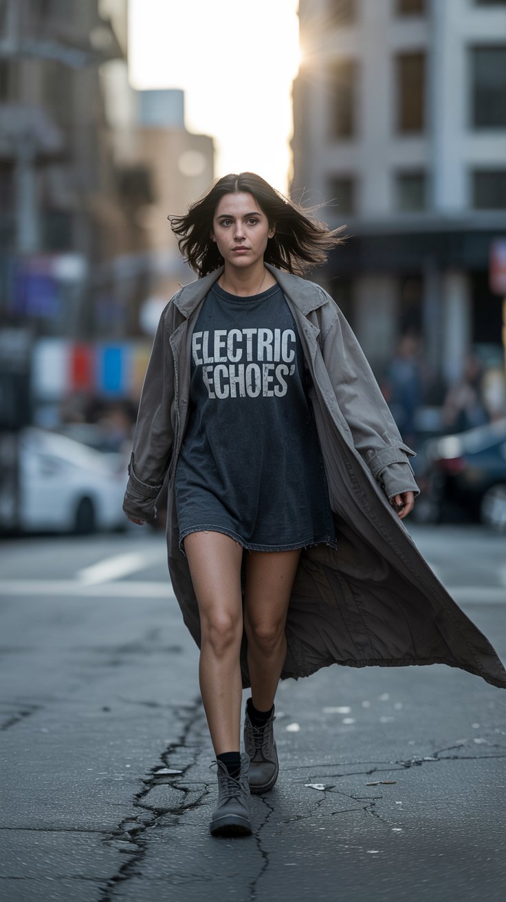 Woman in oversized band tee and duster walking down the street with combat boots and sunflare behind.
