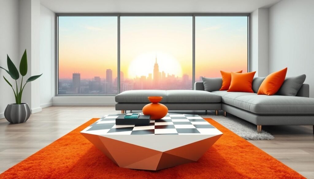 a highly detailed, hyperrealistic digital illustration of a modern living room with a bold, geometric Memphis-style design influence. the foreground features a striking geometric coffee table with a black and white checkerboard pattern, complemented by vibrant orange and teal accents in the form of throw pillows and a plush area rug. the middle ground showcases a minimalist gray sectional sofa with clean lines, and the background depicts a large window framing a city skyline with a pastel-colored sunset. the lighting is bright and evenly distributed, creating a warm, inviting atmosphere. the overall composition showcases a harmonious blend of Memphis-inspired patterns, colors, and shapes within a contemporary, minimalist interior design.