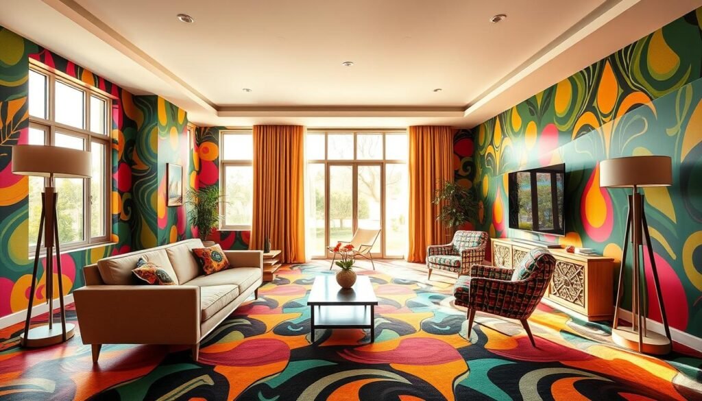 a modern living room with bright, bold Memphis-inspired patterns covering the walls, floor, and furniture. the space is filled with geometric shapes, vibrant colors, and a playful, retro-futuristic atmosphere. mid-century modern furnishings, including a curved sofa, armchair, and coffee table, complement the visually striking patterns. large windows flood the room with natural light, casting a warm glow over the space. the lighting is a mix of recessed ceiling fixtures and a statement floor lamp with a geometric base. the overall aesthetic is a harmonious blend of 1980s postmodernism and contemporary design sensibilities.