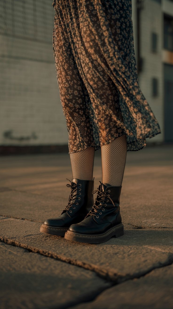 Black combat boots paired with fishnet tights and a floral dress on cracked pavement in golden light.
