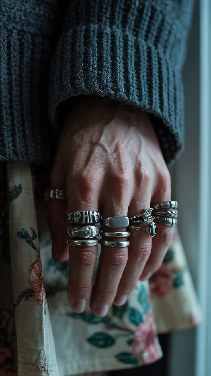 Close-up of a hand wearing silver rings stacked on every finger, with knit sleeve and floral fabric in soft focus.