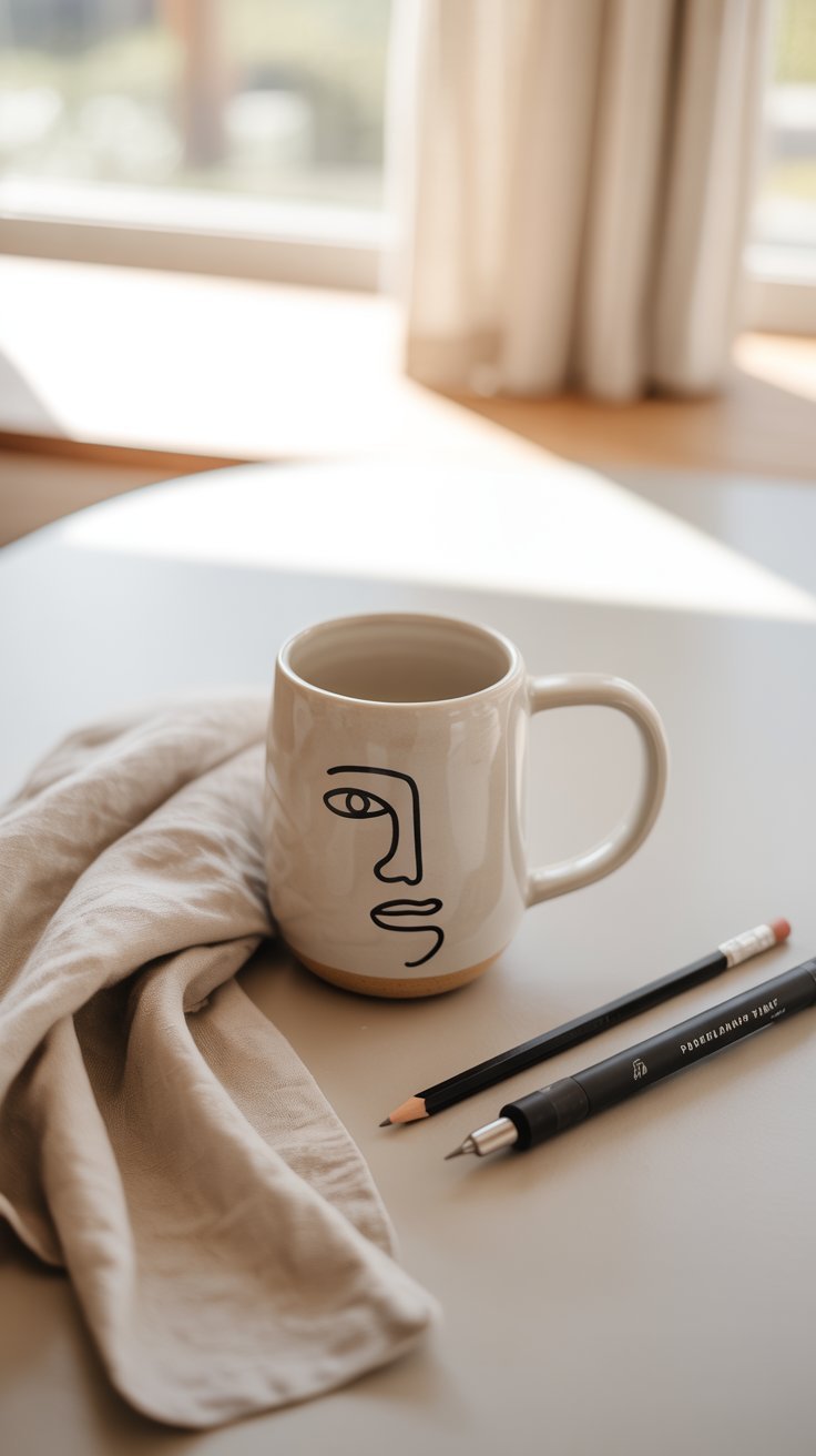 Minimalist painted mug with one-line face drawing on a white ceramic cup.