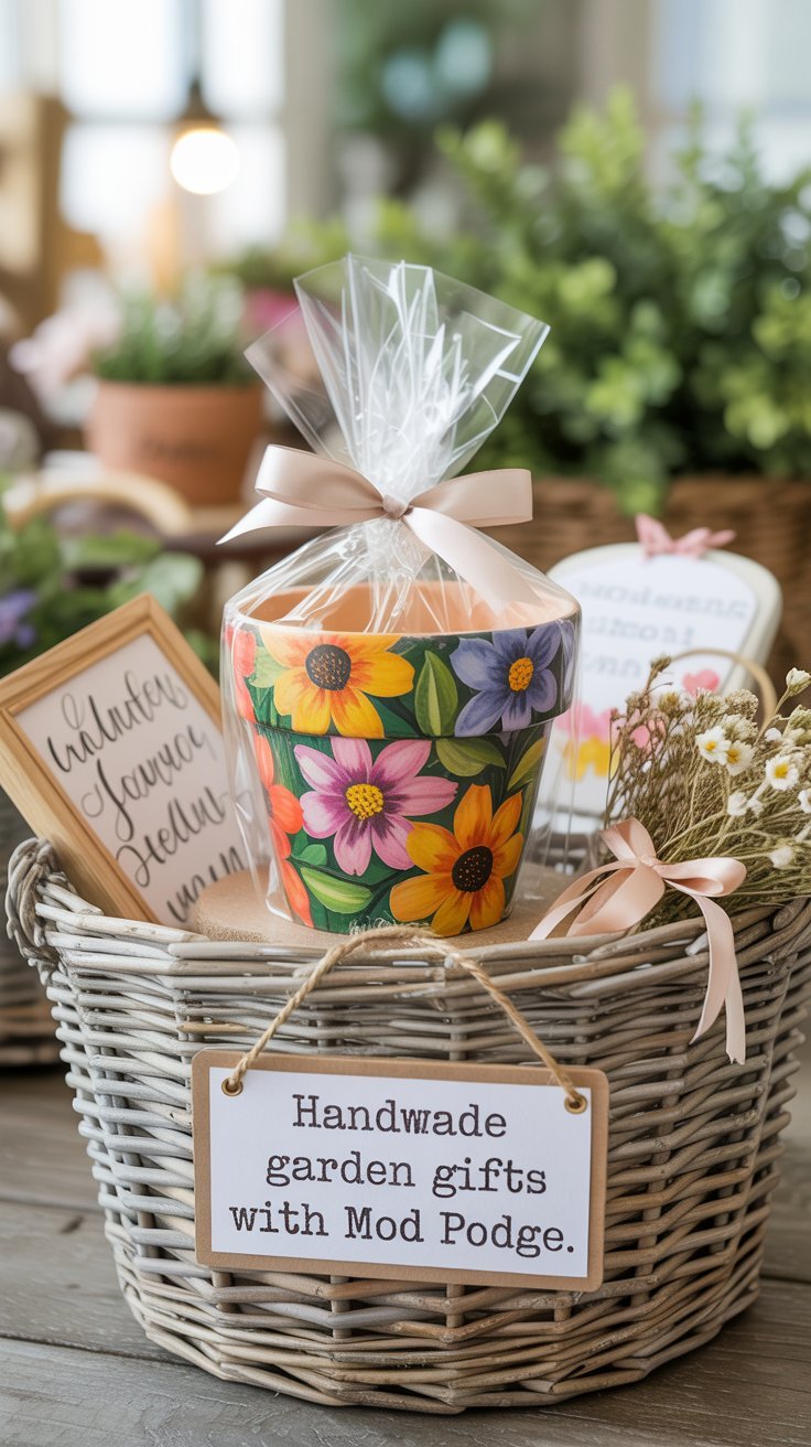 Terra-cotta flower pot decorated with colorful floral napkins and sealed with Mod Podge, placed on a sunny windowsill
