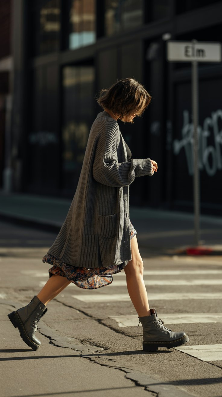 A long knit cardigan flowing mid-walk with combat boots and floral hem showing, gritty pavement and dramatic shadows in background.