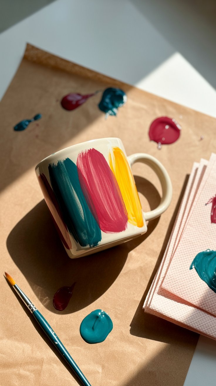 White ceramic mug with abstract, colorful brushstrokes in red, turquoise, and mustard, surrounded by open paint tubes and a messy craft table.