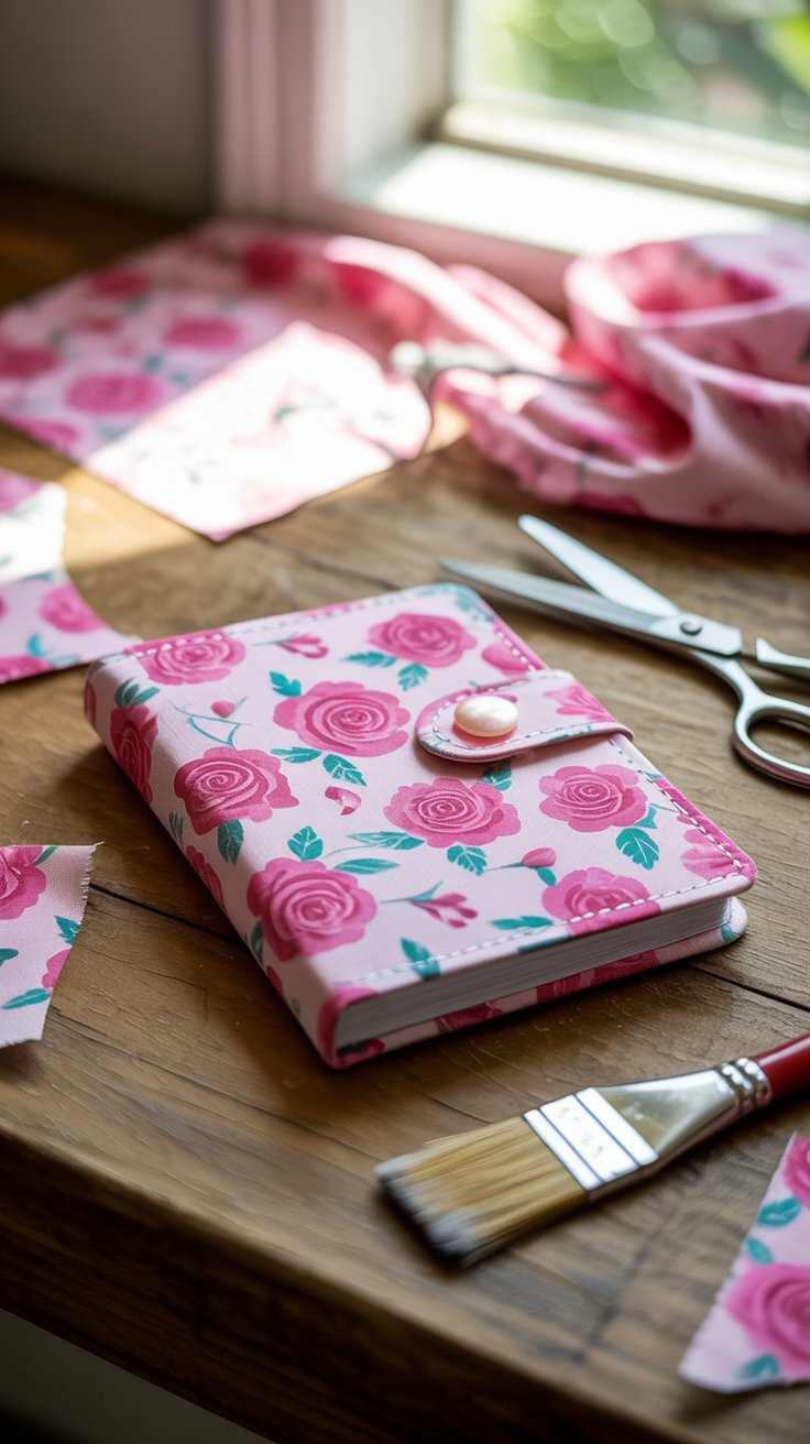 Handmade notebook wrapped in floral fabric and sealed with Mod Podge, with lace trim and buttons on a crafting table