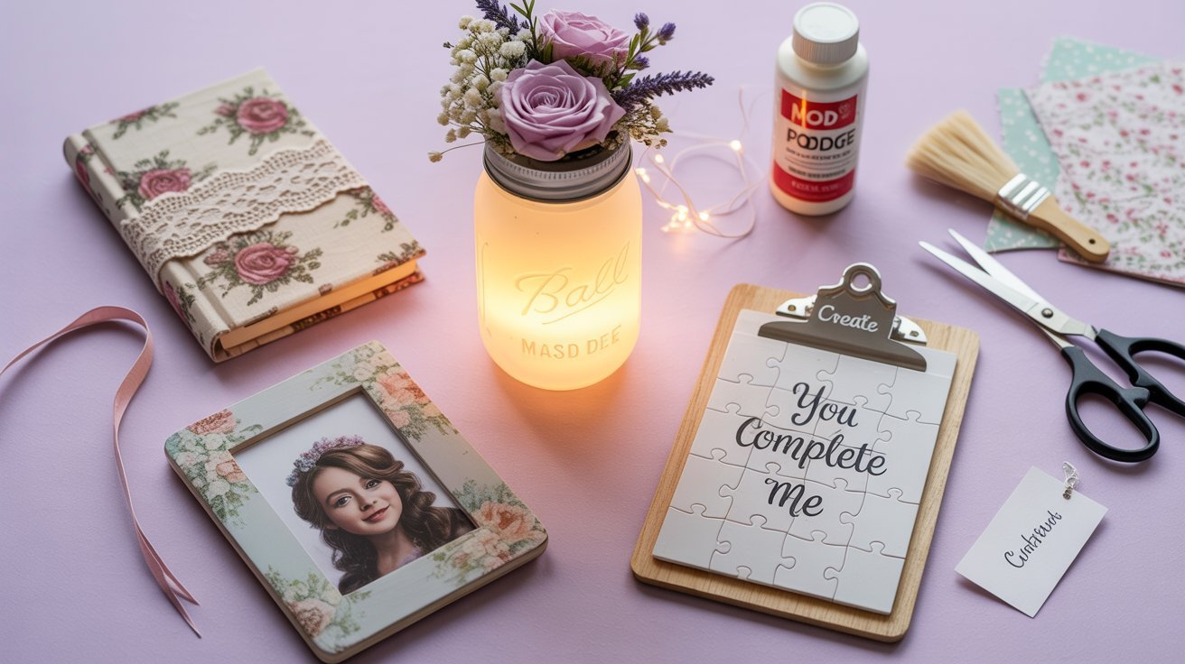 Flat lay showing a variety of Mod Podge crafts including a lantern, notebook, dish, and clipboard on a pastel background