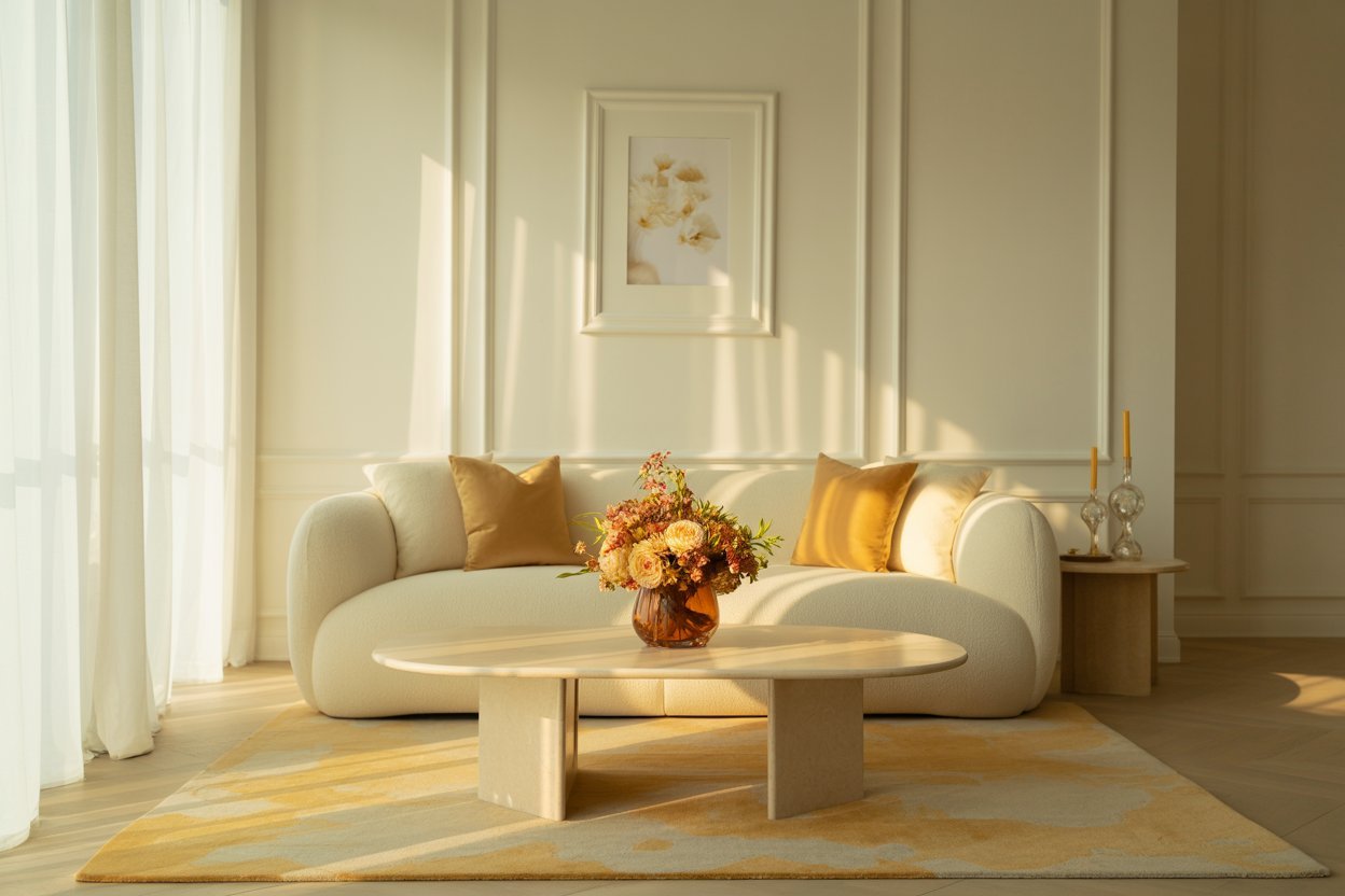 Neutral-toned interior featuring Butter Yellow accents in pillows, throw blankets, and ceramic decor, creating a cozy and cheerful space.
