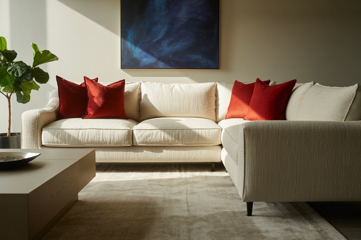 Modern living room with Alpine Oat walls and bold color accents in Cherry Red and Aura Indigo, showing a balanced 2025 color palette.