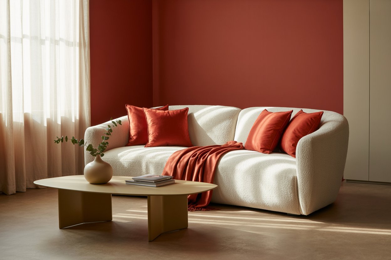 Modern living room with Cherry Red accent wall and Alpine Oat furniture, showcasing 2025 color trend.