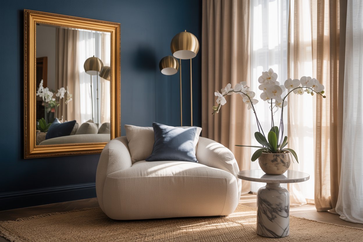 Elegant living room with indigo wall, neutral furniture, and metallic accents for a sophisticated, calming ambiance.