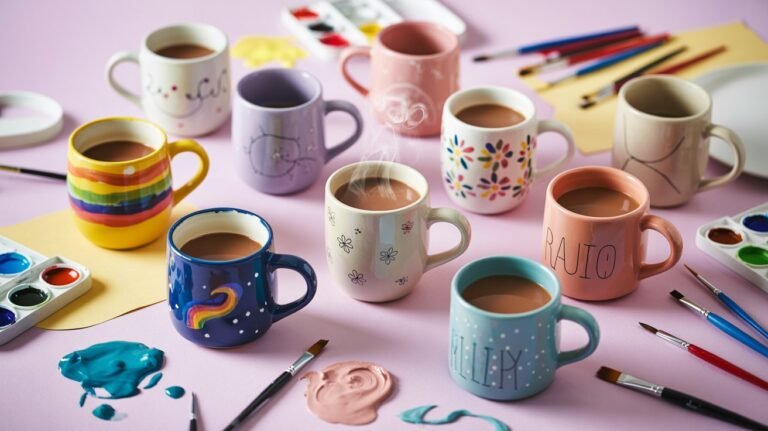 Hand-painted ceramic mugs with floral, galaxy, quote, and rainbow dot designs arranged on a rustic wooden table with soft natural light, wildflowers, and a cup of tea.