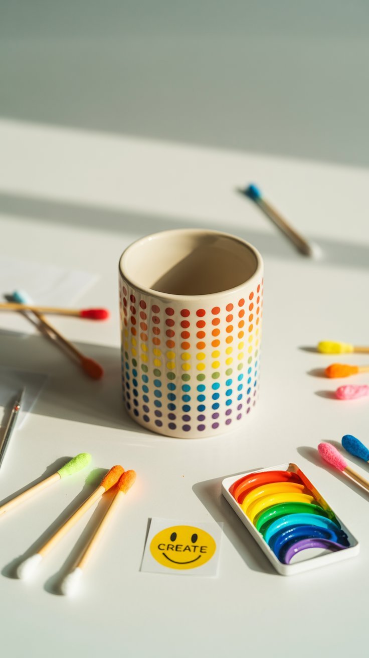 White mug with a rainbow of pastel dots wrapped around it, created with a cotton swab
