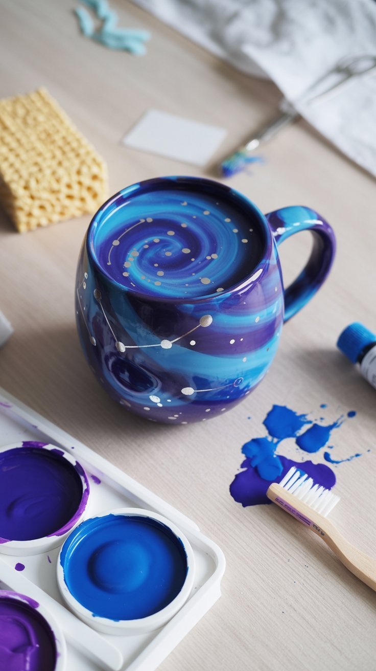 Dark ceramic mug with galaxy swirls in blue and purple, speckled with white stars, styled on a cozy windowsill with fairy lights.