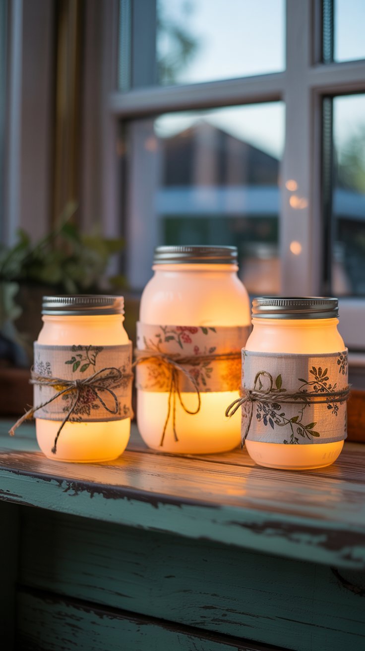 Glowing Mod Podge mason jar lanterns decorated with pastel tissue paper and pressed flowers, arranged on a wooden table