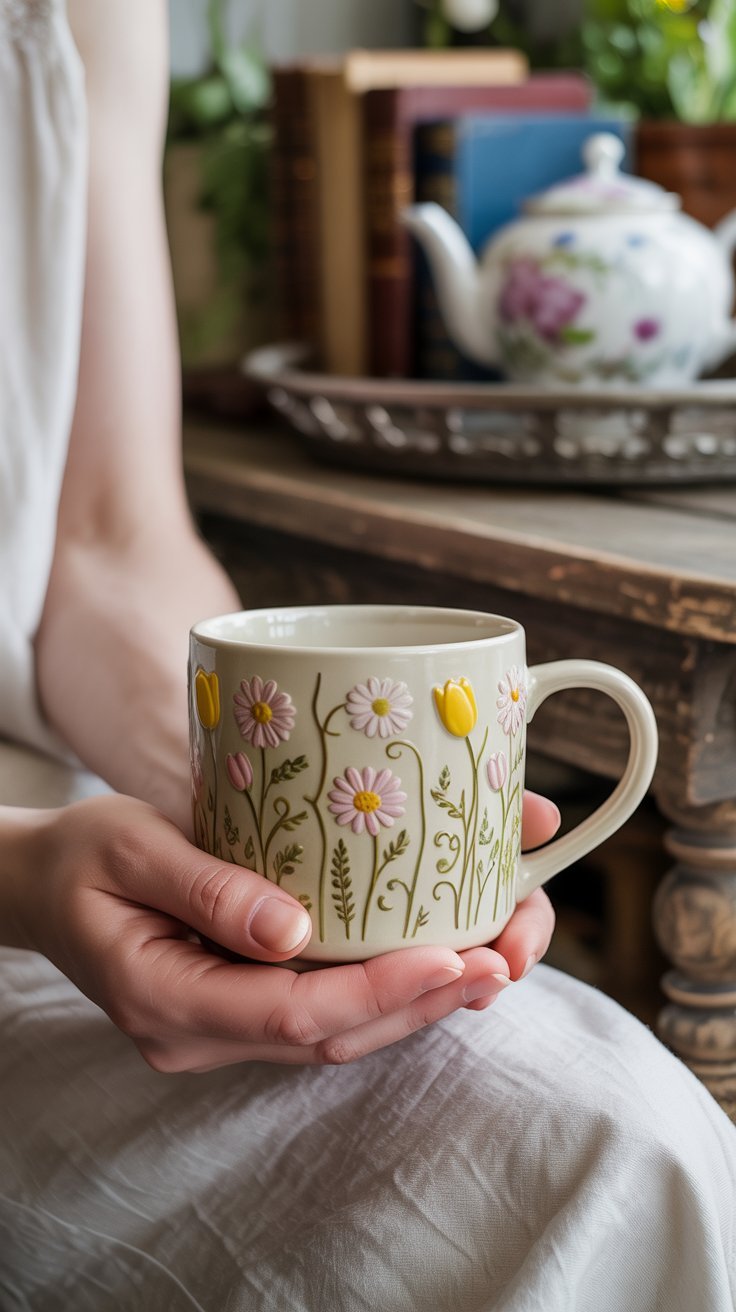Hand-painted mug featuring tiny floral patterns in soft pastels, styled with dried flowers and a cup of tea