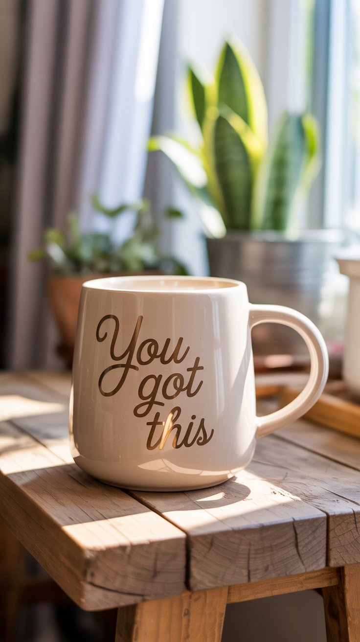 Hand-painted mug with a motivational quote in cursive, placed on a cozy blanket with a book nearby
