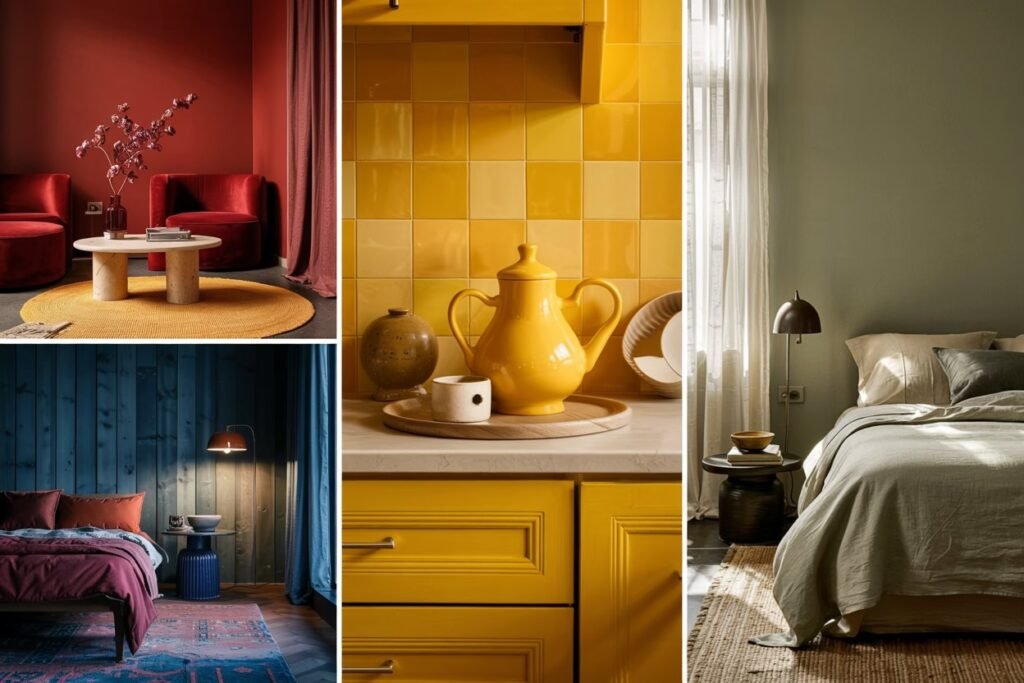 trendy color palettes 2025 Collage of five stylish interiors each showcasing one of the 2025 trending colors — Cherry Red, Butter Yellow, Aura Indigo, Dill Green, and Alpine Oat — designed to highlight bold but balanced home decor.