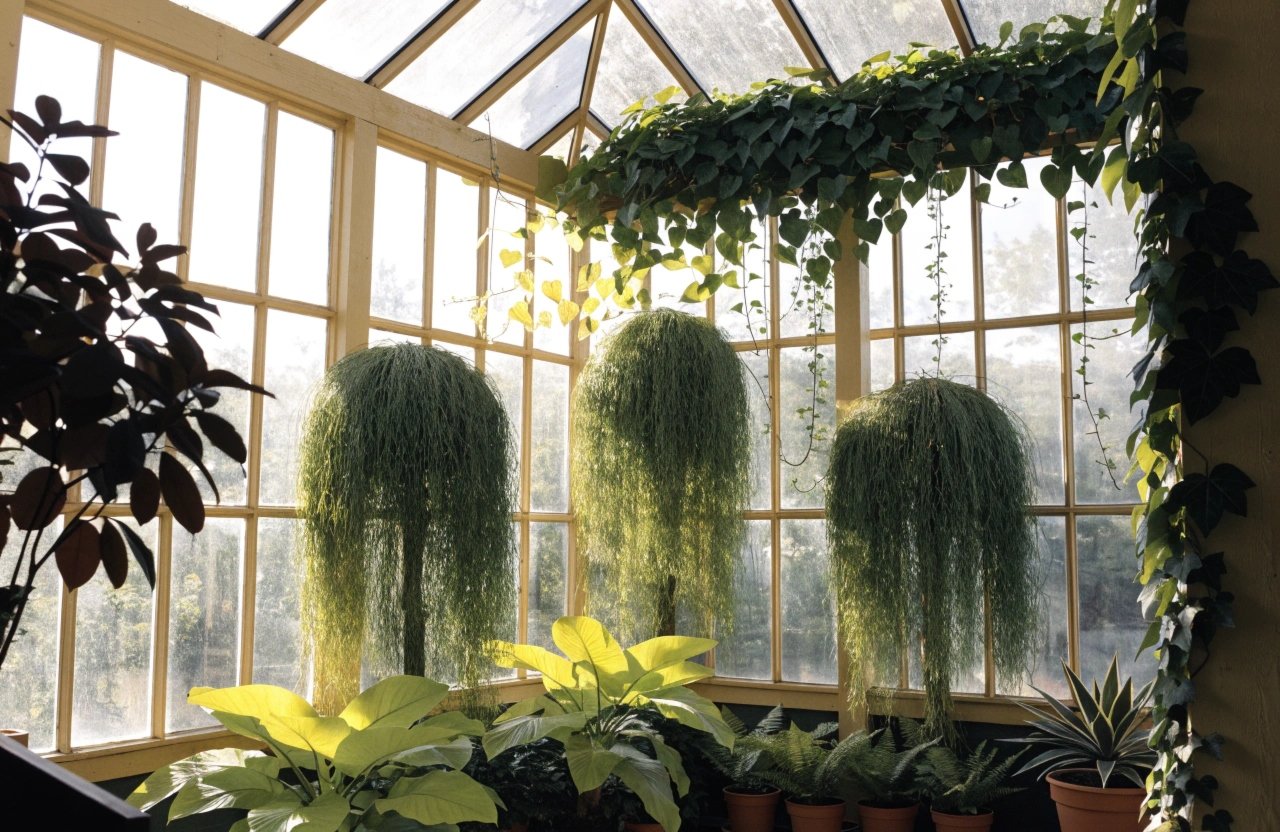 Biophilic living space with indoor greenery and warm natural light