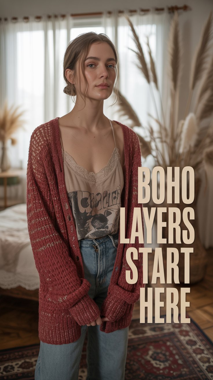 Woman in oversized knit cardigan with dropped shoulders over a slip dress, standing in a cozy vintage-styled room