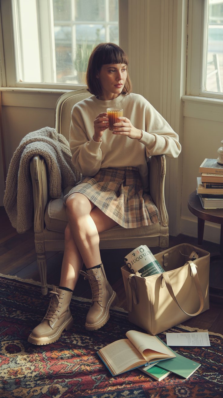 Plaid skirt and oversized sweater paired with combat boots and a scarf, enjoying coffee with a tote bag of books