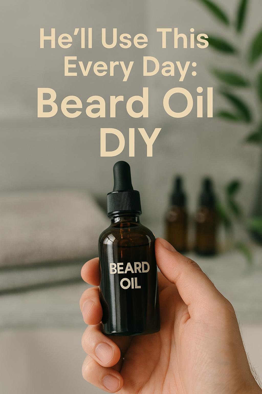 Handcrafted beard oil in a dark amber bottle surrounded by jojoba and argan oils with sandalwood sprigs.
