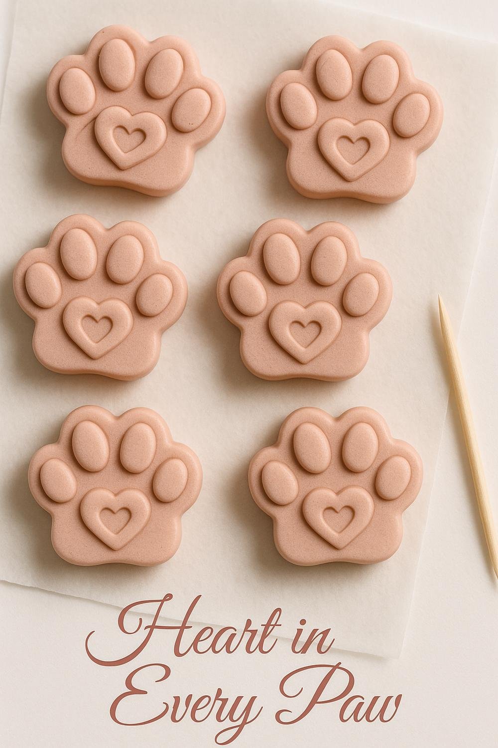 Handmade clay paw magnets with tiny hearts pressed into the center pad, painted in warm blush and soft white tones.